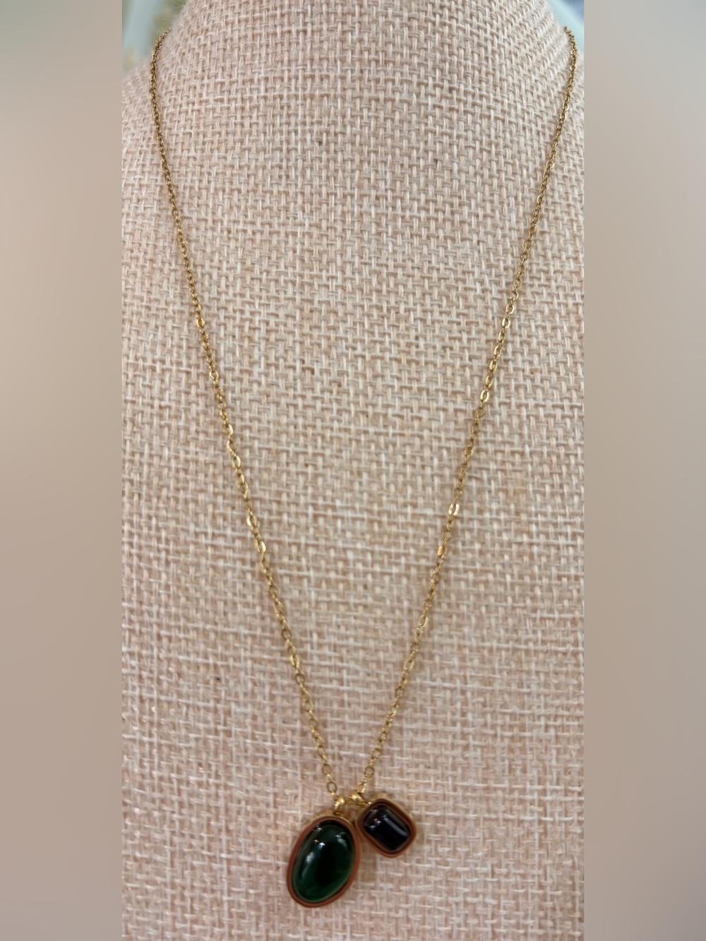 NEW Delicate Gold Plated Chain Necklace with 2 stone pendants